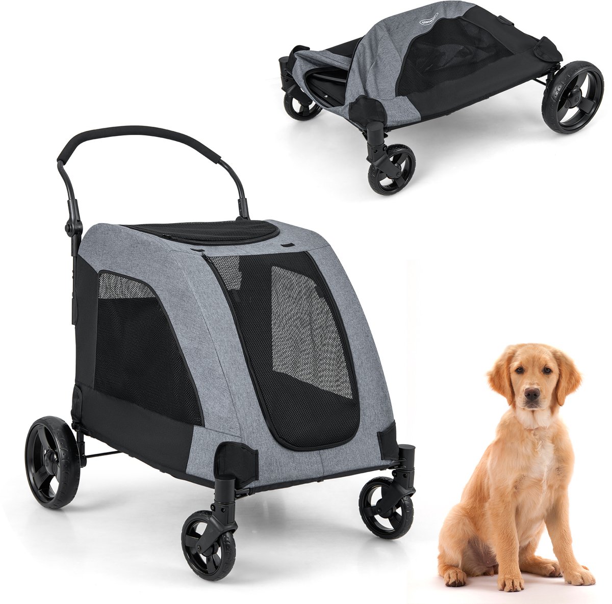 COSTWAY Hondenwagen, hondenbuggy inklapbaar, tot 60 kg, huisdierwagen met voordeur en netvenster en handvat, huisdieren, buggy, hondentrolley, voor middelgrote en grote honden, katten, grijs, 67 x 98