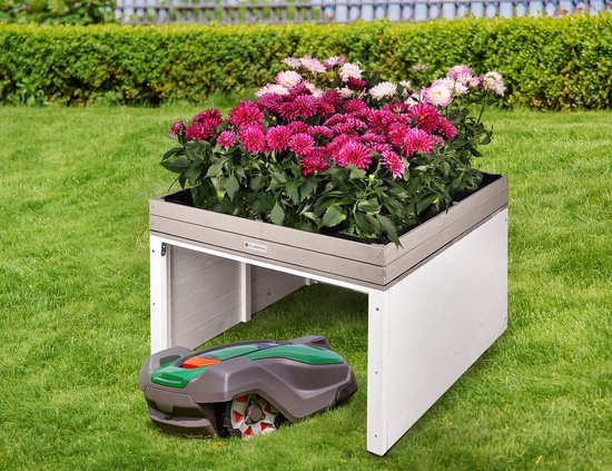 WONDERMAKE® Grand garage design pour robot tondeuse à gazon XXL universel avec évacuation de l'eau, jardinière en bois, auvent pour robot tondeuse à gazon, abri pour robot tondeuse à gazon, toit plat, 78,5 x 96 x 57 cm, gris anthracite blanc