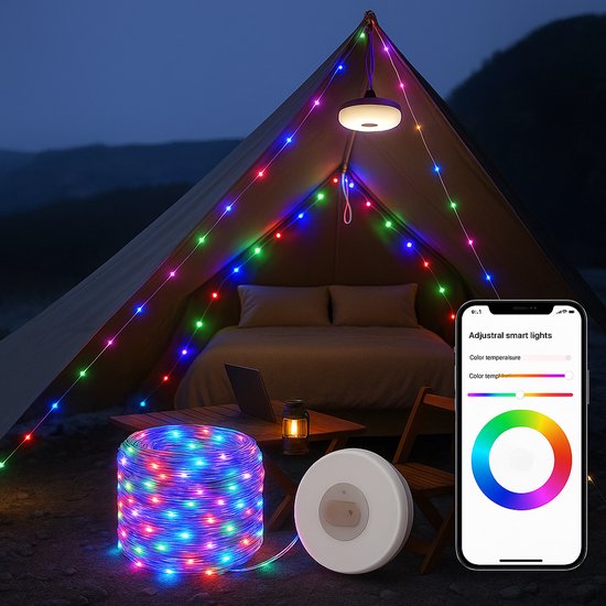 Best Active Camping Lichtsnoer Met Appbediening - 7 Meter - IPX4 Waterdicht - Oprolbaar - Oplaadbaar - RGB Multi-Kleur - Verlichting Buiten Slinger - Lampjes - Kampeerlamp - Tentlamp - Campinglamp - Tuinlamp - Tuinverlichting — afbeelding 2