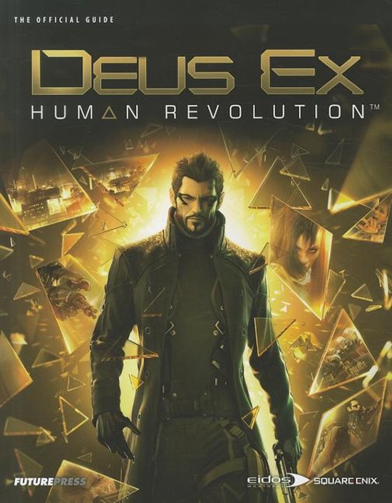 Deus Ex Human Revolution officiële gids met een man in een futuristische jas en fragmenten van afbeeldingen.