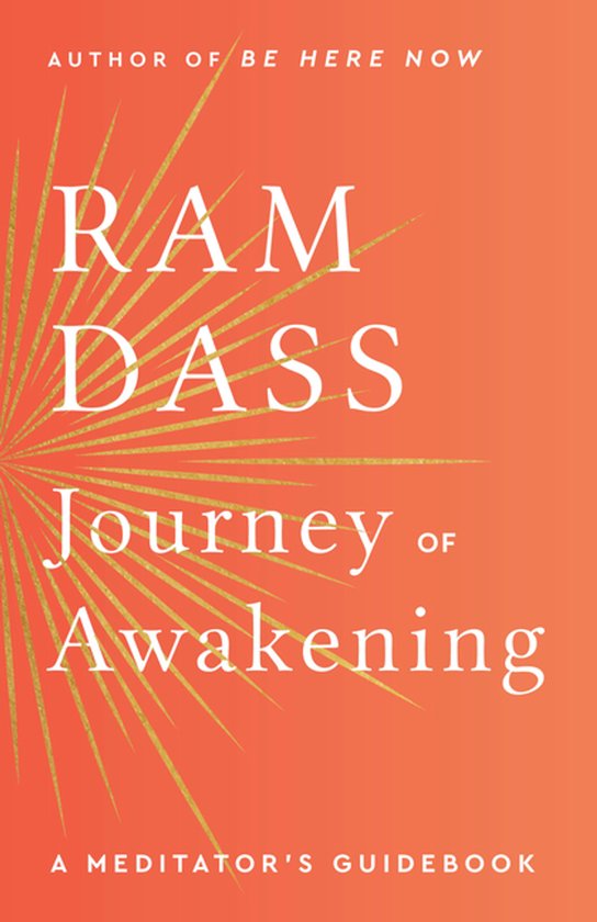 Boekomslag voor 'Journey of Awakening' van Ram Dass, met een oranje achtergrond en een gouden zonneschijf.