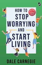Boek 'How to Stop Worrying and Start Living' van Dale Carnegie, met illustraties van springende mensen.