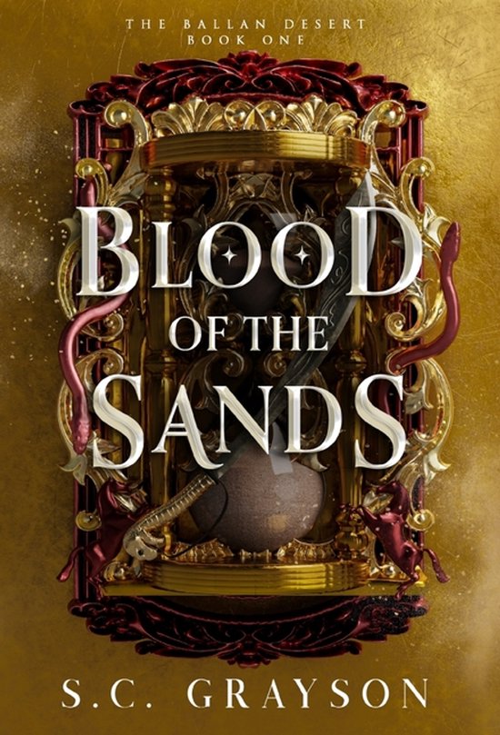 Boek 'Blood of the Sands' met gouden rand en slangen in een sierlijk frame.