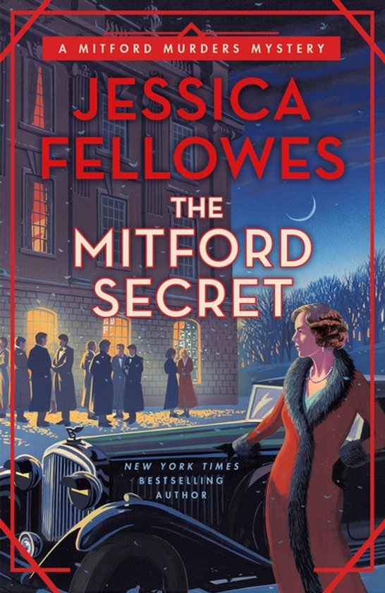 Boekomslag van 'The Mitford Secret', een mysterie met een vrouw in een bruine jas bij een auto voor een gebouw in de nacht.