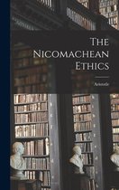 Boek met de titel 'The Nicomachean Ethics' van Aristotle, omringd door boekenkasten.