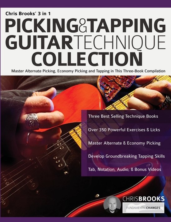 Livre "Chris Brooks' 3 in 1 Picking & Tapping Guitar Technique Collection" avec un guitariste.