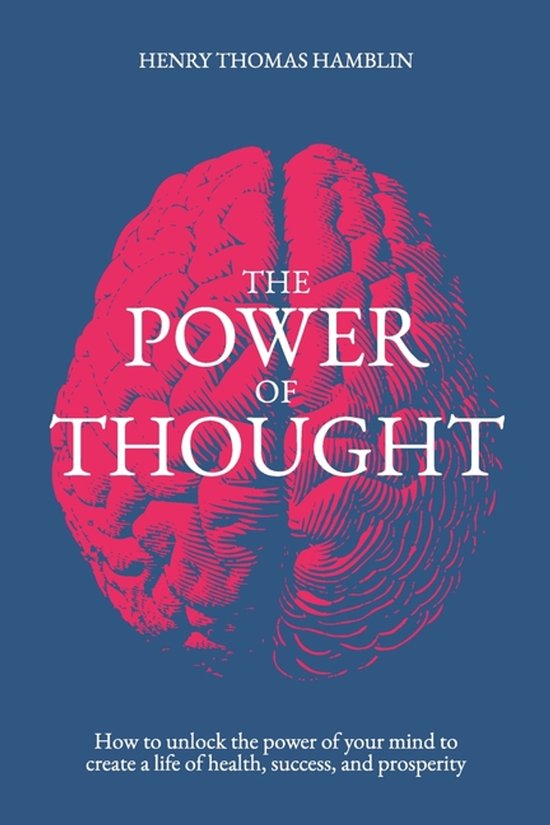 Boek 'The Power of Thought' met een rode illustratie van een hersenhelft op een blauwe achtergrond. Titel en subtitel zijn in het wit.