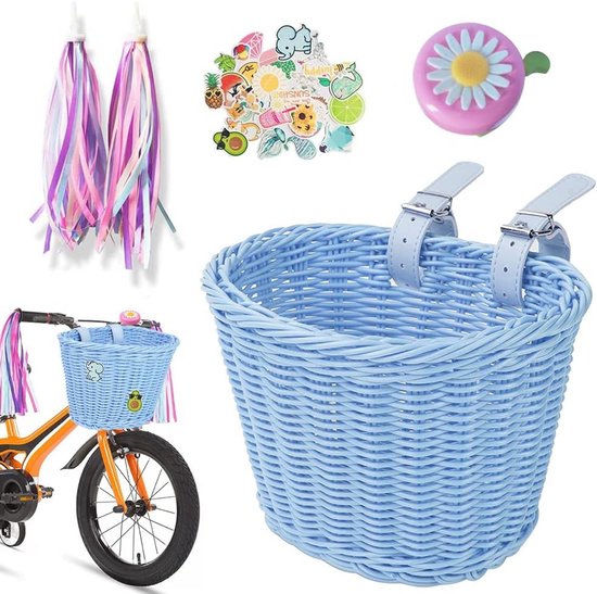 Washranp Kinderfietsmand voor meisjes, fietsmand, voorfietsmand, grote capaciteit, handgeweven kleurrijke fietsmanden, fietsaccessoires voor kinderen, veelkleurig