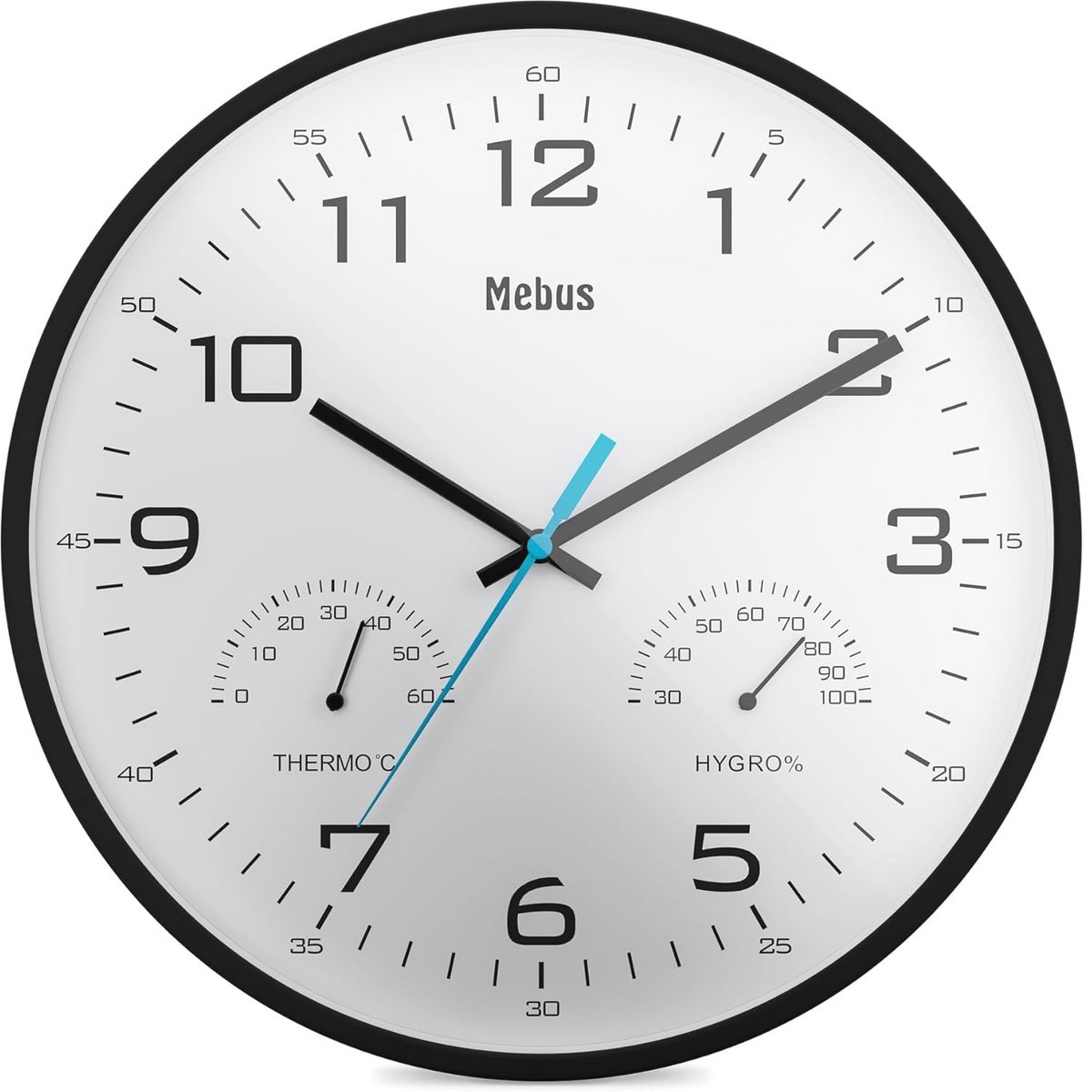 Analoge kwartswandklok met thermometer en hygrometer - Zwart, 30 cm