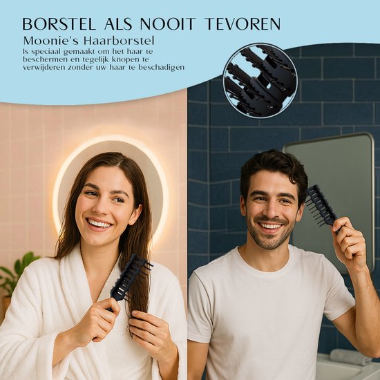 Vrouw met witte badjas en man in wit T-shirt gebruiken zwarte borstels. Tekst 'Borstel als nooit tevoren'.