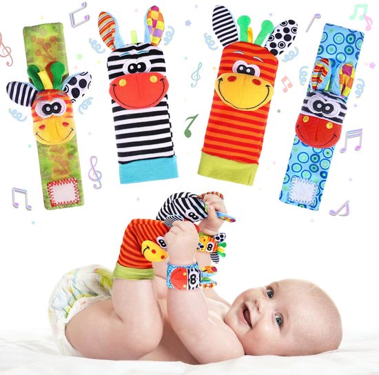 Set de 4 - Ensemble de bracelets et chaussettes Bébé - Chaussettes hochet animaux de dessin animé - Bracelets Bébé - Chaussettes pour bébé - Cadeaux Cadeaux pour bébés, cadeaux d'anniversaire, cadeaux de Noël - Convient aux bébés de 3 à 6 mois