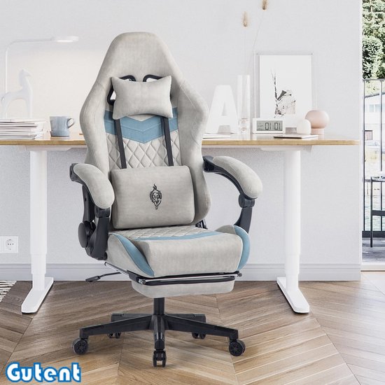 Gutent Gaming stoel - Voetsteun - Stoffen bekleding - Lendensteun - Ergonomisch - 150 kg belastbaar - Verstelbare armleuningen - Grijs