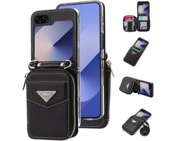 Zandarix Geschikt voor Samsung Galaxy Z Flip 6 5G - Crossbody Wallet - Koord - Kaartsleuf - Portemonnee Leather Cover - Wallet Cover Hoesje - Zwart