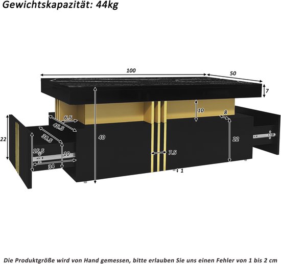 Sweiko Rechthoekige Salontafel - Hoogglans Tafelblad - 2 lades - 100x50x40cm - Zwart