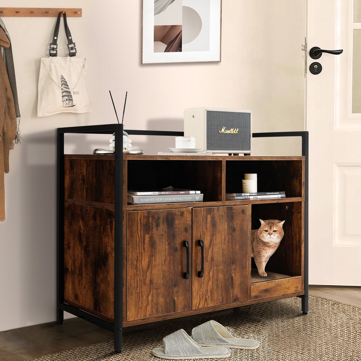 COSTWAY Kattenkast met ladderplank, kattenbakkast voor kattenbak, met uitneembare pluchen matten & ingang, kattenhuis met plank voor katten en honden, binnenmeubel voor katten (bruin