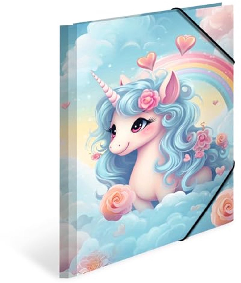 HERMA mappen A4 Happy Unicorn set, 3-delig, hoekmappen van karton met kleutermotief, elastische band, binnenkleppen en binnenprint voor jongens, meisjes en kinderen