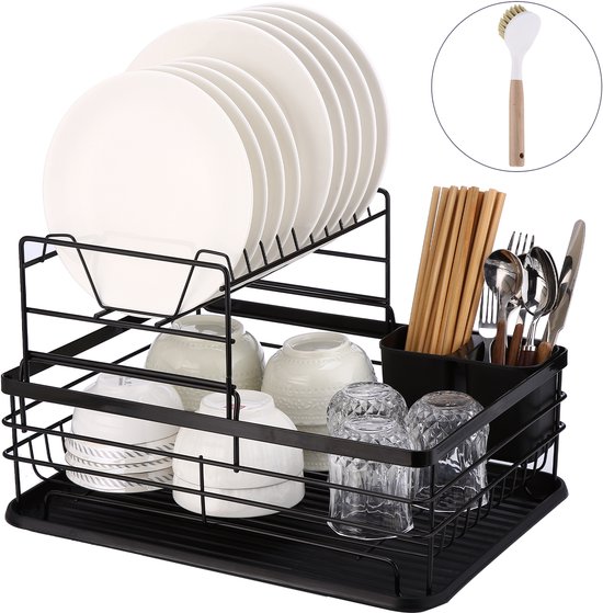 Behave Afdruiprek - 2-Lagen - Met Bestekbakje & Lekbak - Inclusief Afwasborstel - Ruimtebesparend - Borden/Glazen/Bestek - Metaal - Zwart