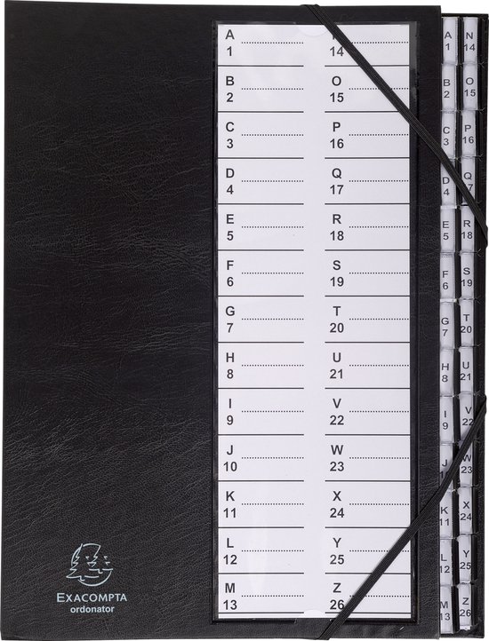 Exacompta Trieur rigide Ordonator avec cavaliers plastiques et élastiques alphabétique 26 compartiments de A à Z - Noir - 621765E