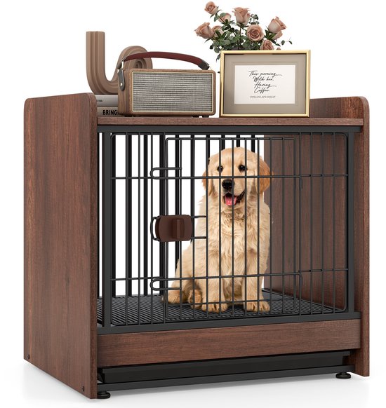 Cage pour chien 2 en 1 Costway, table de chevet, cage pour animaux avec porte verrouillable et plateau amovible, parc pour chiens de petite et moyenne taille, niche d'intérieur en bois, marron