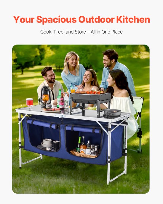 Opvouwbare Camping Keukentafel - Outdoor Kooktafel met 3 verstelbare hoogtes, lichtgewicht draagbaar aluminium kookstation met opbergvak en draaggreep — afbeelding 5