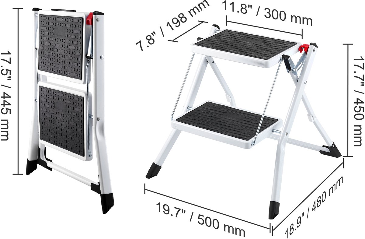 Trapladder met 2 Treden, Draagvermogen 150 Kg, Opvouwbaar, Ergonomische Stalen Kruk met Antislippedaal, Ideaal voor Thuis, Keuken, Kantoor en Stacaravans – foto 7
