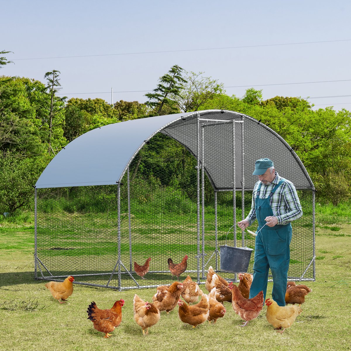 COSTWAY Groot kippenhok van metaal, kippenhok voor binnenplaats met dak en rooster, gevogeltekooi met waterdichte hoes voor kip, eend of konijn, geschikt voor de boerderij (190 x 280 x 195 cm
