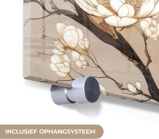 MuchoWow® Tableau sur verre 120x80 cm - Tableau sur verre acrylique - Paon - Branche - Fleurs - Photo sur verre - Décoration murale salon - Décoration murale chambre - Peintures