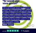 Quote in blauwe tekstvakken op een groene spiraal. Tekst: "Er wordt niet voor gevist!" en "Dit is de hoogste dosering die ik kan vinden, die je met een gerust hart kunt kopen. Er wordt niet voor dit product gevist! De smaak is prima en ik heb de indruk dat ik mij na een week of 2 al een stuk beter voelde."