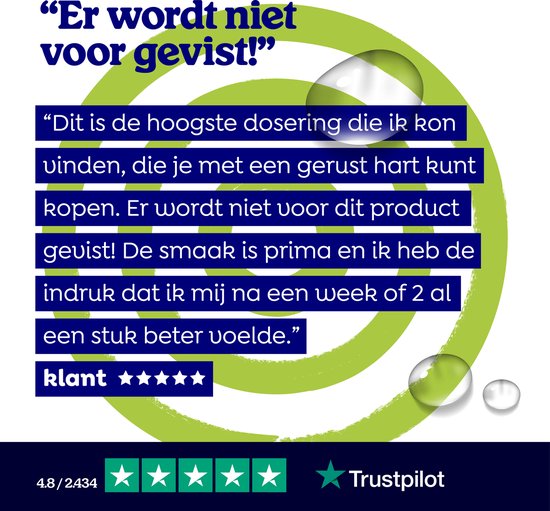 Quote in blauwe tekstvakken op een groene spiraal. Tekst: "Er wordt niet voor gevist!" en "Dit is de hoogste dosering die ik kan vinden, die je met een gerust hart kunt kopen. Er wordt niet voor dit product gevist! De smaak is prima en ik heb de indruk dat ik mij na een week of 2 al een stuk beter voelde."