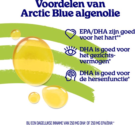 Illustratie van 3 grote en kleine druppels gele algenolie met iconen voor hart, oog en brein. Tekst: "Voordelen van Arctic Blue algenolie. EPA/DHA zijn goed voor het hart. DHA is goed voor het gezichtsvermogen. DHA is goed voor de hersenfunctie."