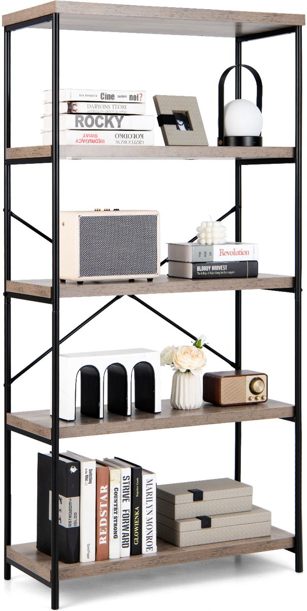 COSTWAY Boekenkast met 5 niveaus, staand rek met metalen frame, vrijstaand rek, kantoorrek voor woonkamer, slaapkamer, werkkamer, 79 x 35 x 160 cm, industrieel design (reizen)