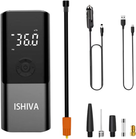 Pompe à vélo électrique ISHIVA - Pompe à pneu de voiture - Compresseur d'air portable - Pour vélo, scooter, moto, voiture - 4500 mAh - Jusqu'à 10,3 bar - Rechargeable par USB