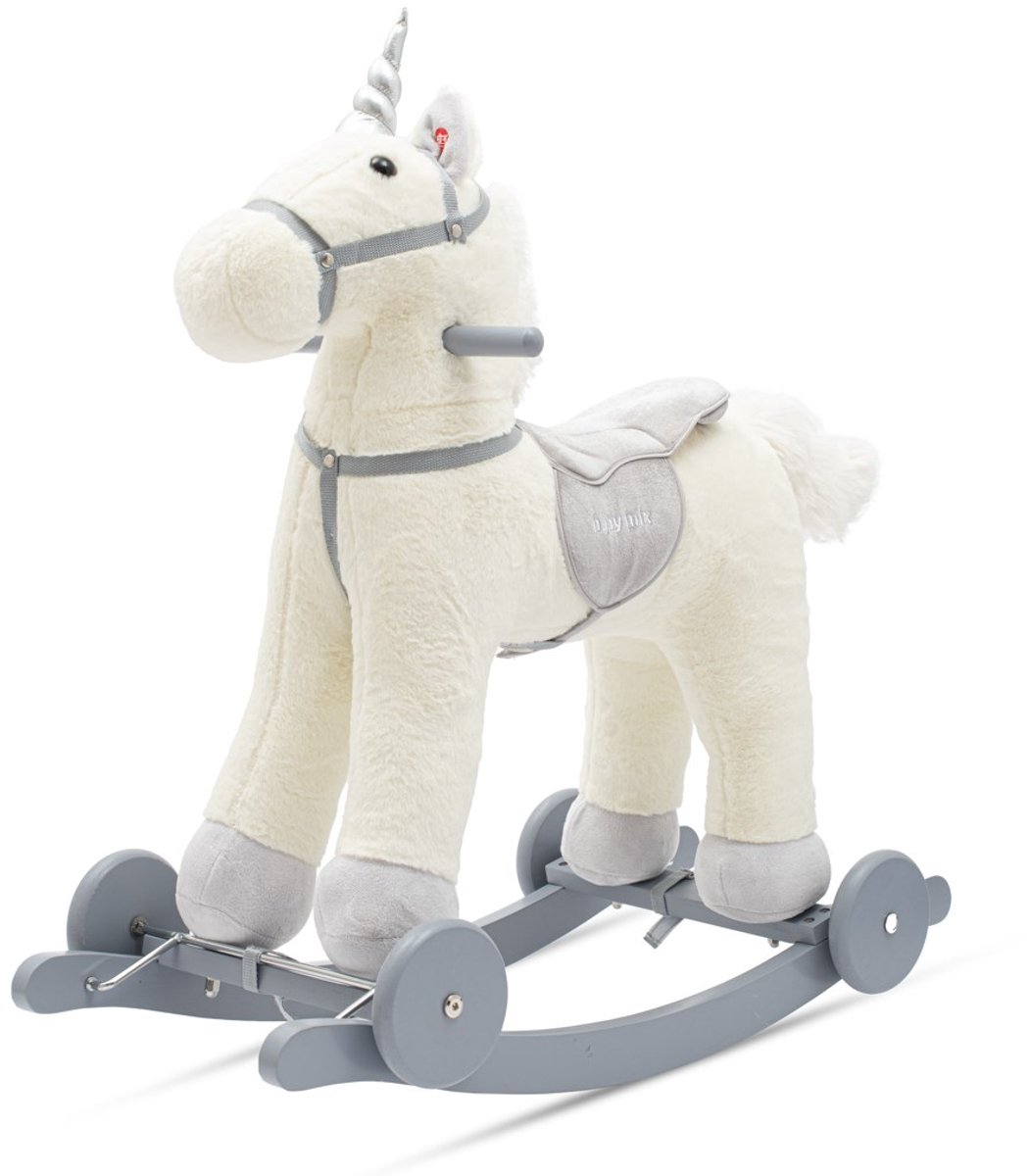 Baby Mix - Speelgoedvoertuig - Schommelstoel wit met melodie en wielen - hobbelpaard - kinderstoel - rolstoel - knuffelpaard - houten speelgoed