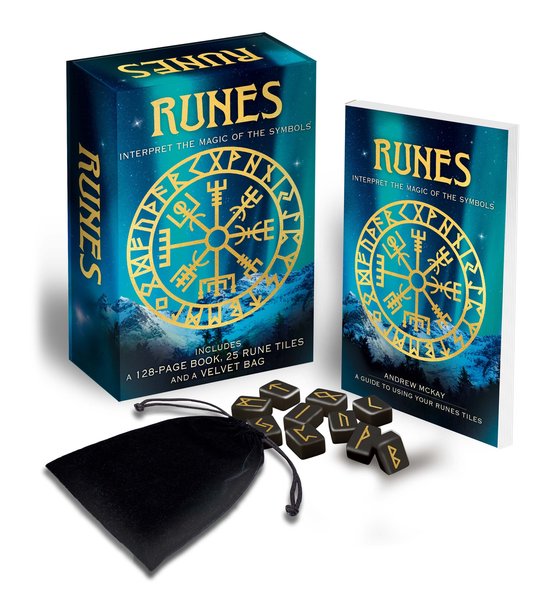 Doos en boek 'Runes: Interpreteer de Magie van de Symbolen' met gouden runen en een sterrenhemel. Inclusief 25 runenstenen en een fluwelen zakje.