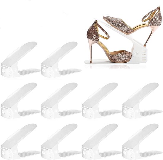 TOSUTO Schoenenstapelaar,Verstelbare Schoenenrekken,3 Niveaus In Hoogte Verstelbare Schoenenrek,Ruimtebesparend Dubbellaags Schoenenorganizer Antislip Schoenenkast(Wit