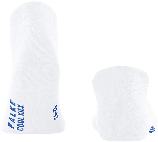 FALKE Cool Kick witte sneakersokken met blauwe tekst en maatindicatie 42-43.
