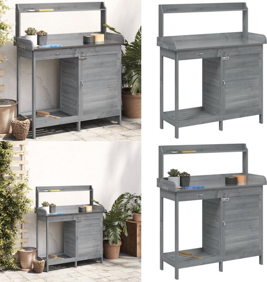 vidaXL Table de rempotage - Tables de remportage - Table de travail de jardin - Table de rempotage - Table de rempotage avec armoire 110,5 x 45 x 124,5 cm Pin massif gris