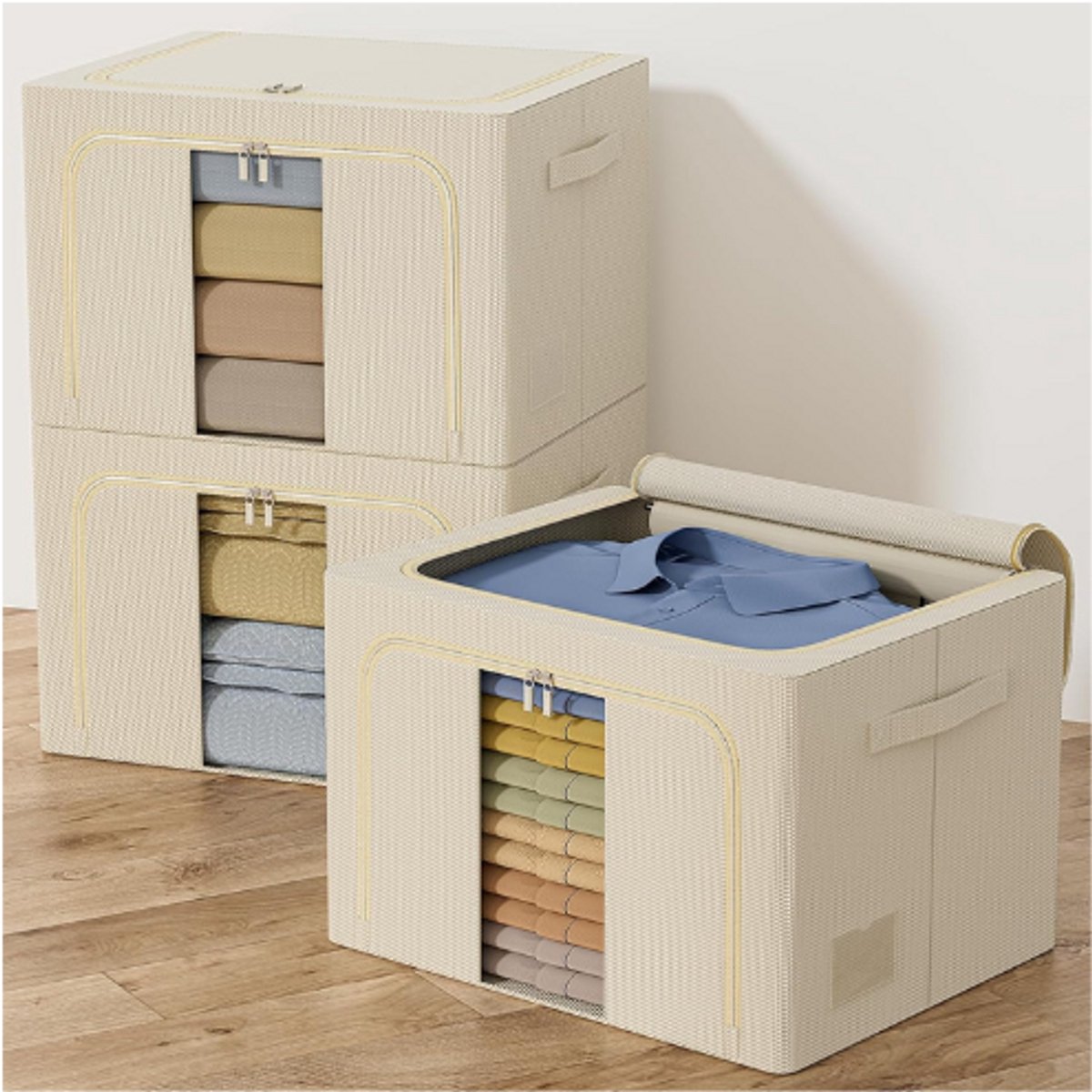 Image of 3 Opbergtassen Met Metaal Frame - 198L Stapelbare Opbergtassen Voor Dekbedden En Kleding - Opvouwbare Kledingopslag - Kledingorganizer - Beige - 66L