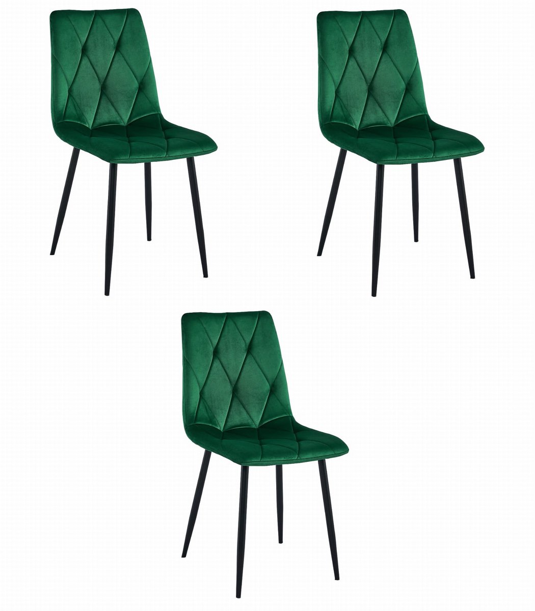 Set van 3 Eetkamerstoelen LIBRA Groen – Zwarte Metalen Poten, Modern Velvet Bekleding, Ergonomisch Design, Max. 120 kg
