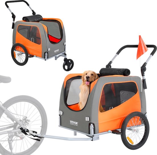 Opvouwbare fietskar voor honden, aanhanger voor honden, geschikt voor honden tot 40 kg, reflecterend 's nachts, licht en duurzaam, geschikt voor verschillende fietsen, de wielen zijn stabiel (oranje