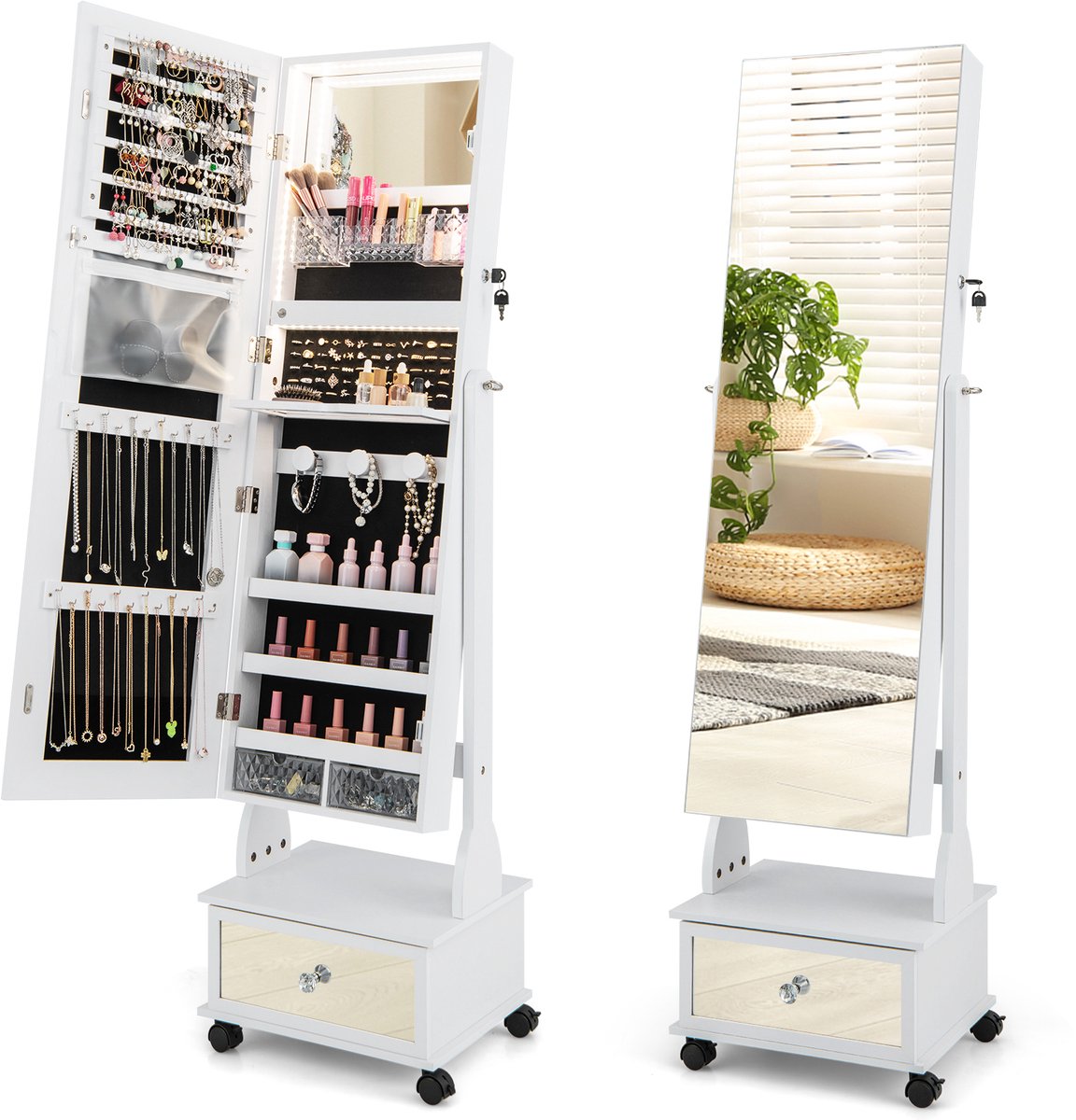COSTWAY Sieradenkast met 3 spiegels, verstelbare sieradenspiegel met lade, wielen en lampe
