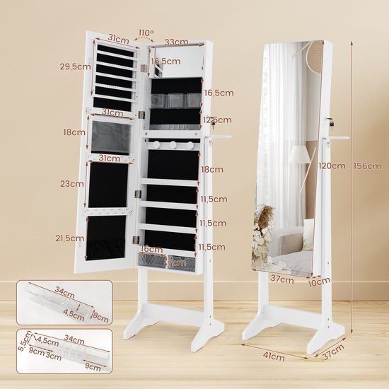 COSTWAY Vrijstaande sieradenkast met spiegel, spiegelkast met verstelbare hoek, glinsterend frame, staande spiegel, sieradenrek, volledige lichaamsspiegel voor alle soorten sieraden (zwart