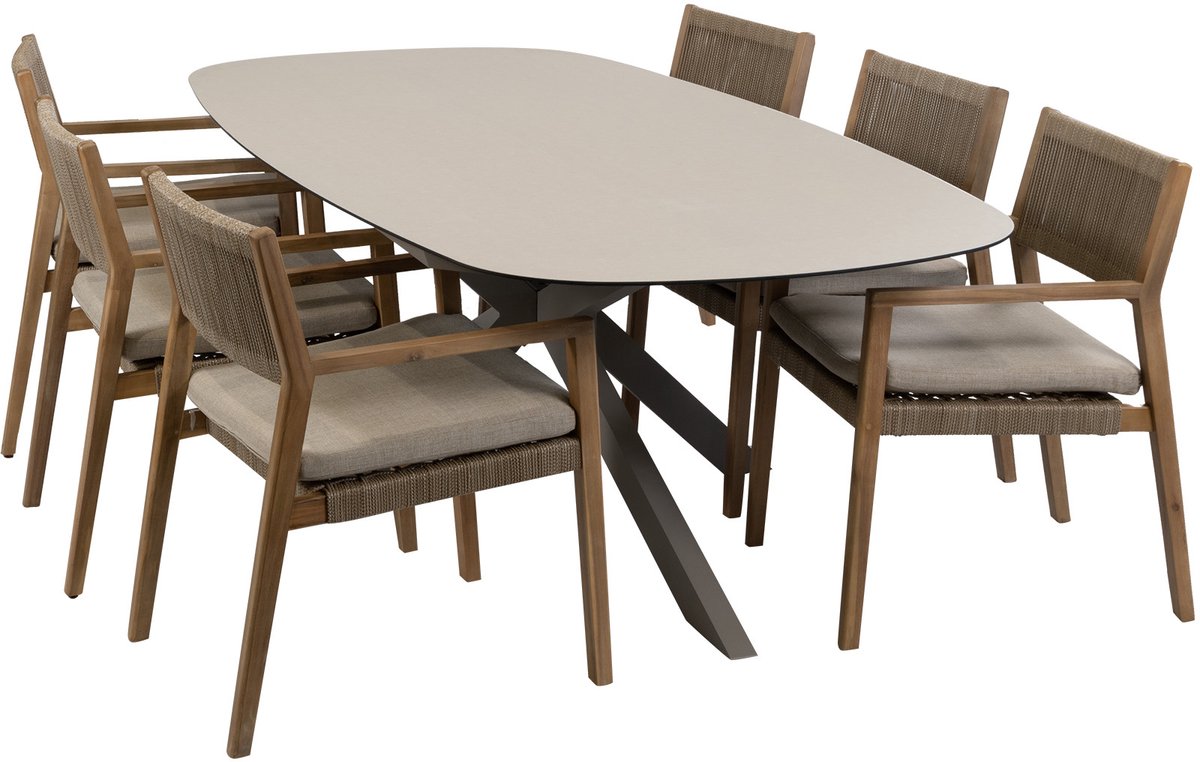7-delige tuinset | 6 Felline tuinstoelen (Acaciahout) | Tuintafel Malaga 240x115cm (Camel)