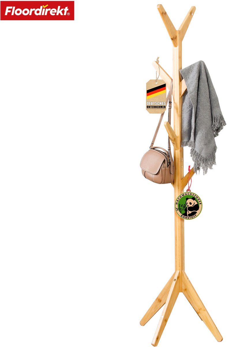 FLOORDIREKT Bamboo Coat Rack - Maryland - Elegant and Natural Design - 8 Hooks for Jackets, Bags and More