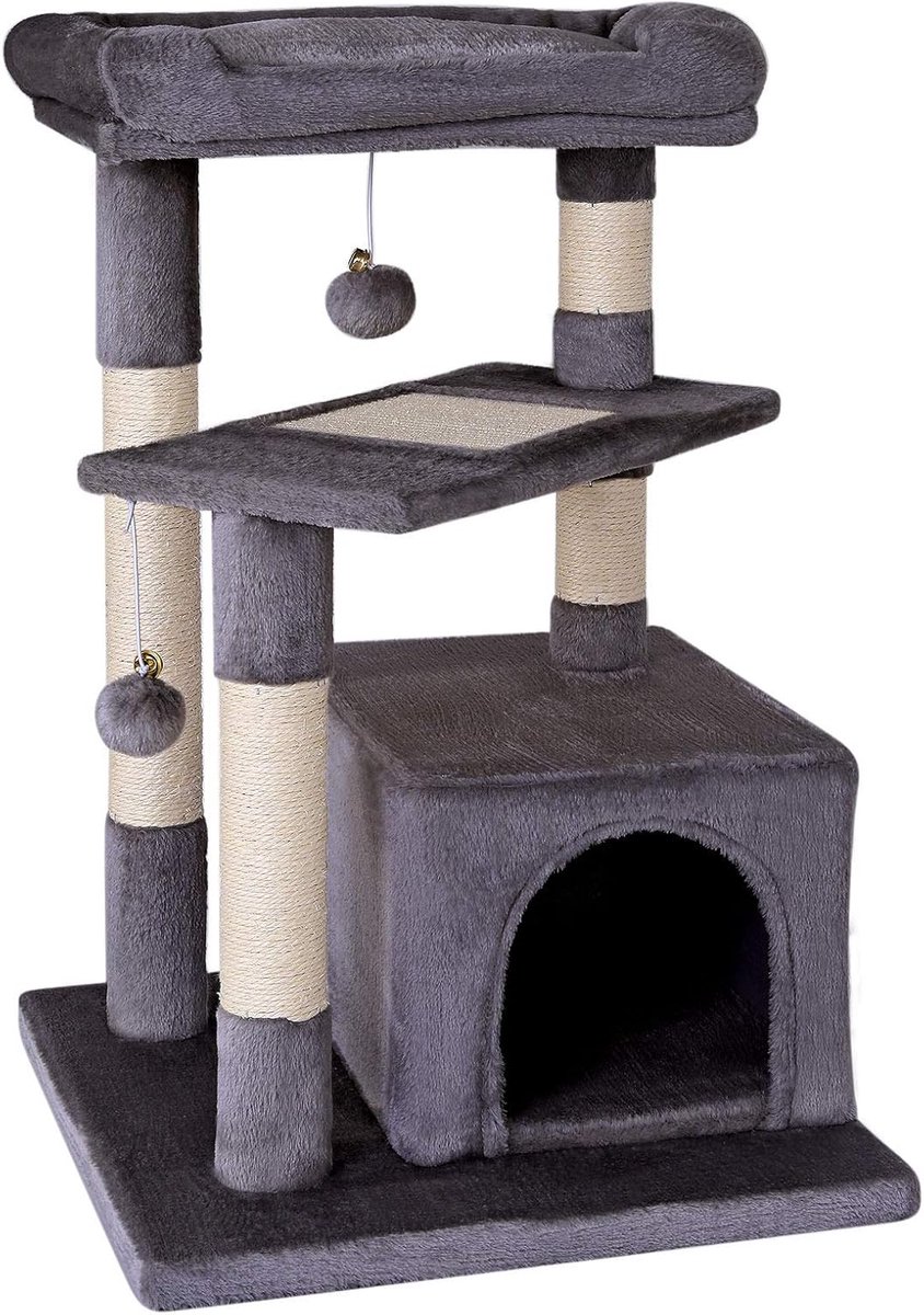 Krabpaal voor katten met ligplaats en hol, 75 cm hoog, met sisaltouw en pluche, inclusief pluche ballen met belletjes, geschikt voor kleine en grote katten