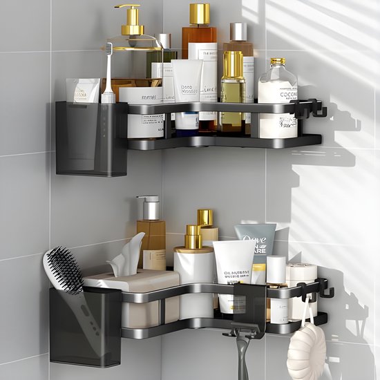 Womamny Badkamer Caddy Balck, 33 cm zelfklevende douchecaddy, verbeterde roestvrijstalen badkamerplank zonder boren, voor raamwisser, shampoo, douchegel, scheermes, handdoeken