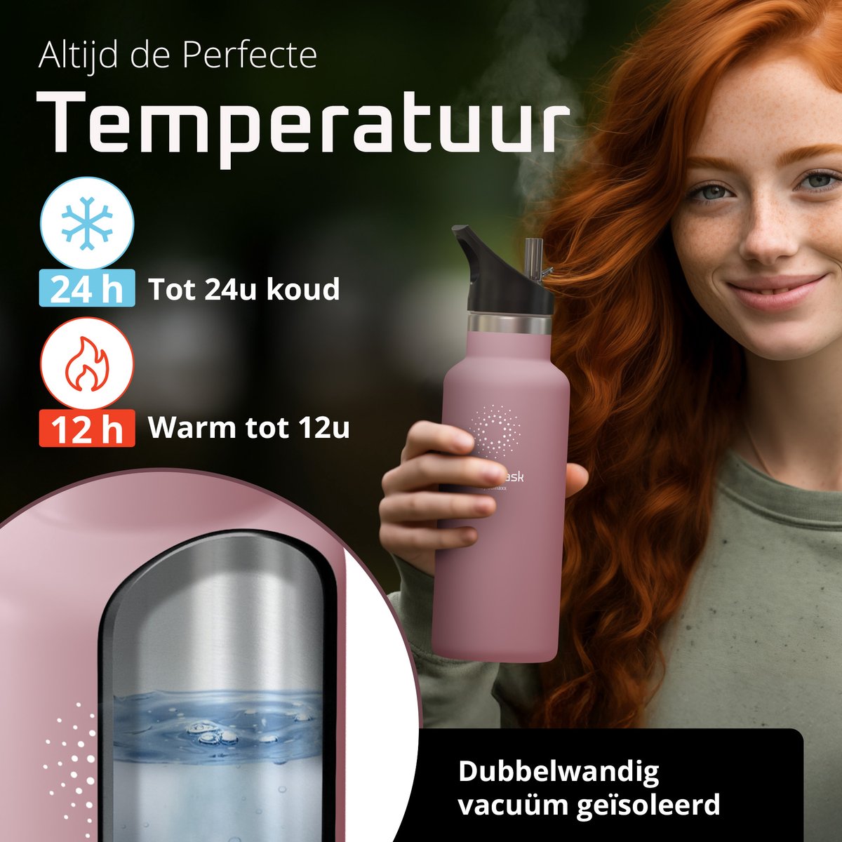 bemaxx Drinkfles met Rietje RVS Thermosfles ACTIVE FLASK (3 Drinkdoppen met Infuser), Volwassenen Kinderen, BPA-Vrij + Lekvrij | 1 Liter/500 ml Isoleerfles, Vacuüm Waterfles Sport Fitness Fietsen Water Fles Waterbidon Sportbidon thumbnail 2