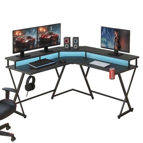 Xergonomic Game bureau – 127 x 127 x 74.4 cm – Hoekbureau - Game tafel - LED-Verlichting - Gaming Desk – 2 EU stopcontacten & 2 USB-poorten ingebouwd – Zwart