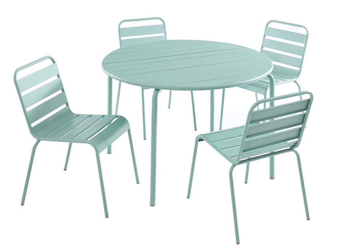 Metalen eettafelset voor buiten in amandelgroen - tafel D110 cm, 4 stapelbare stoelen.