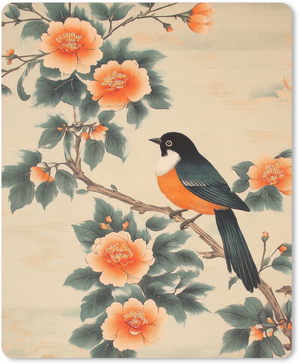 Muismat 19x23 cm - Mousepad Vogel - Tak - Bloemen - Oranje - Muismatten